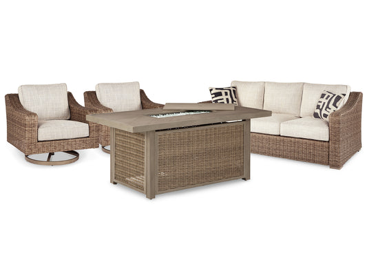 Beachcroft Outdoor Sofa and 2 Lounge Chairs with Fire Pit Table